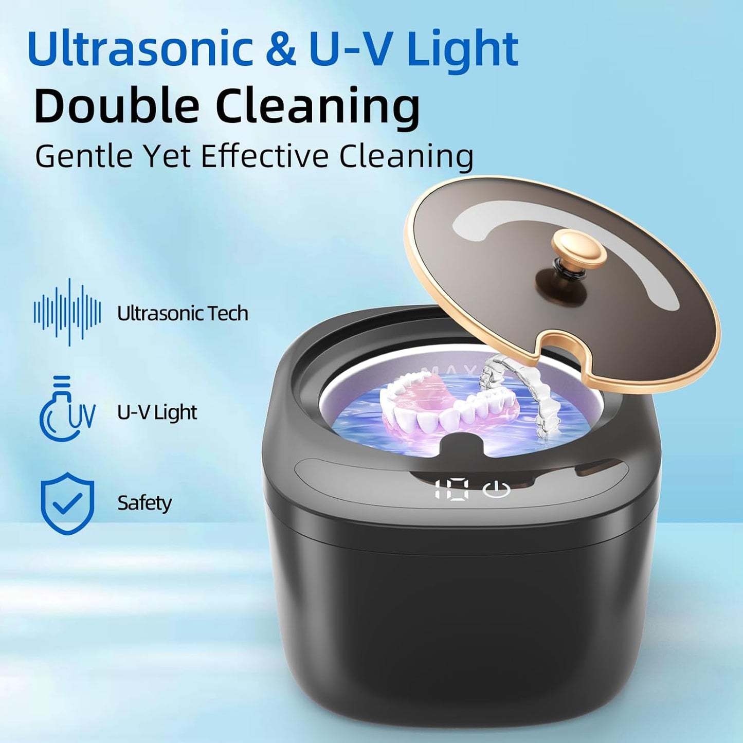 Ultrasonic Retainer Cleaner Machine - Raccomb 45kHz LED Light Ultrasonic Cleaner for Dentures, Aligner, Mouth Guard, Night Guard Cleaner, 230mL Sonic Cleaning Machine for Jewelry, Dental Appliances