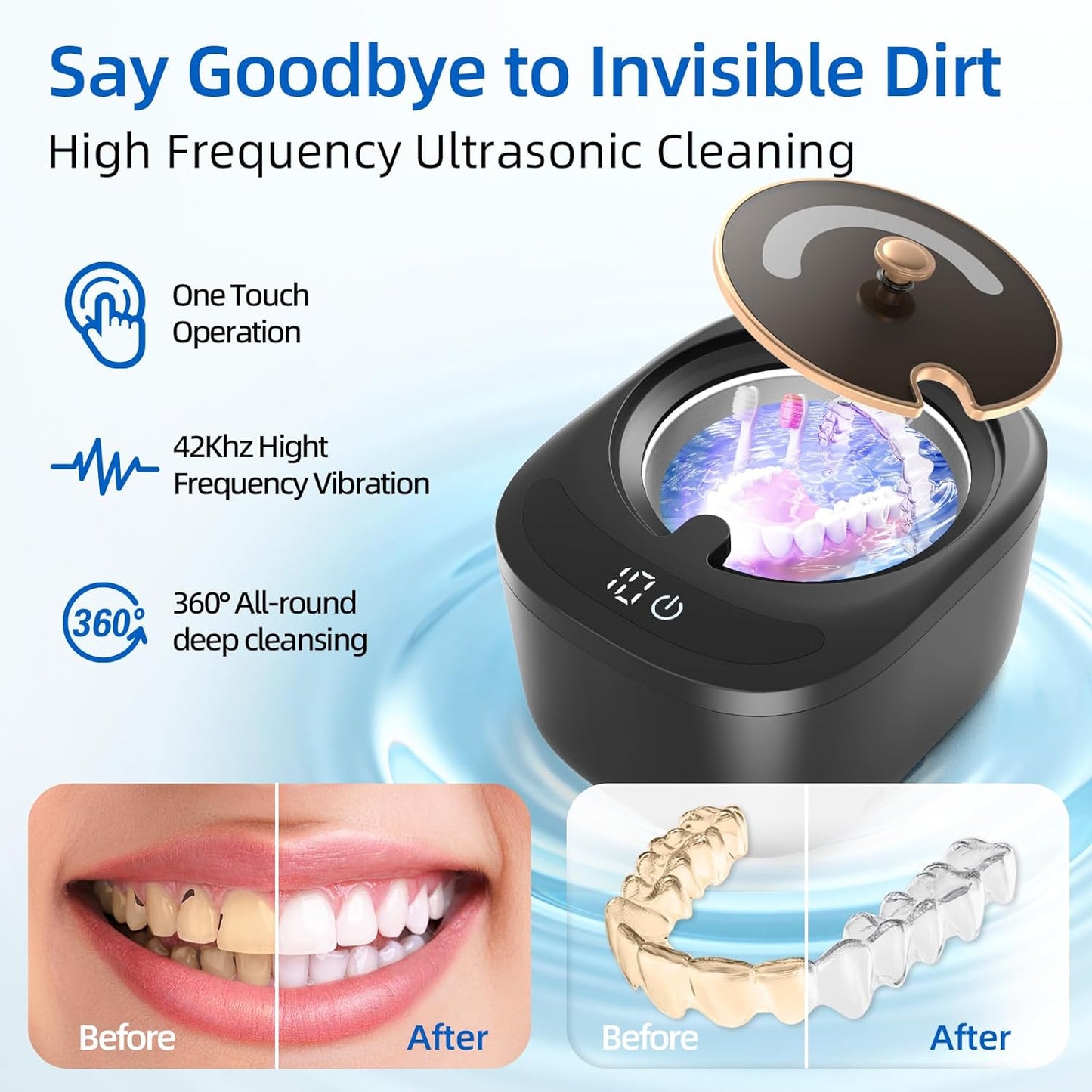 Ultrasonic Retainer Cleaner Machine - Raccomb 45kHz LED Light Ultrasonic Cleaner for Dentures, Aligner, Mouth Guard, Night Guard Cleaner, 230mL Sonic Cleaning Machine for Jewelry, Dental Appliances