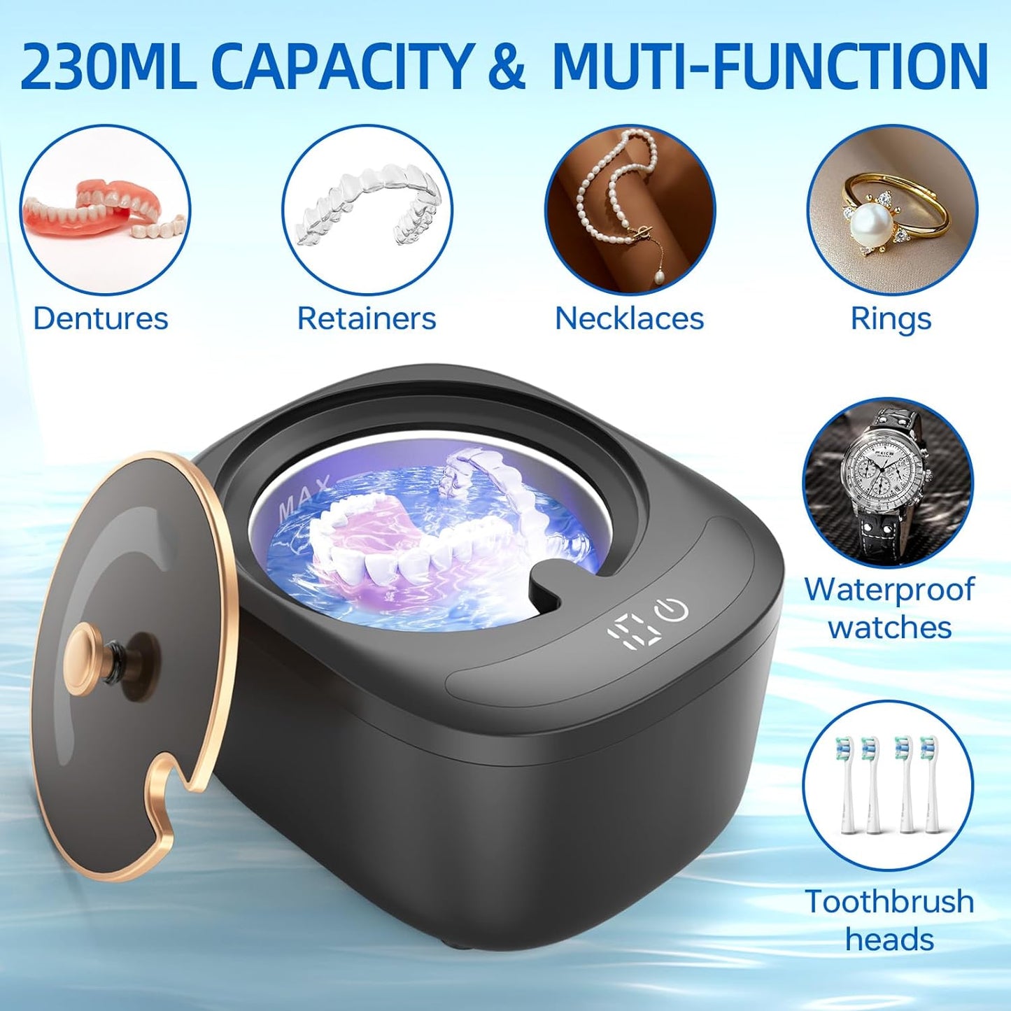 Ultrasonic Retainer Cleaner Machine - Raccomb 45kHz LED Light Ultrasonic Cleaner for Dentures, Aligner, Mouth Guard, Night Guard Cleaner, 230mL Sonic Cleaning Machine for Jewelry, Dental Appliances