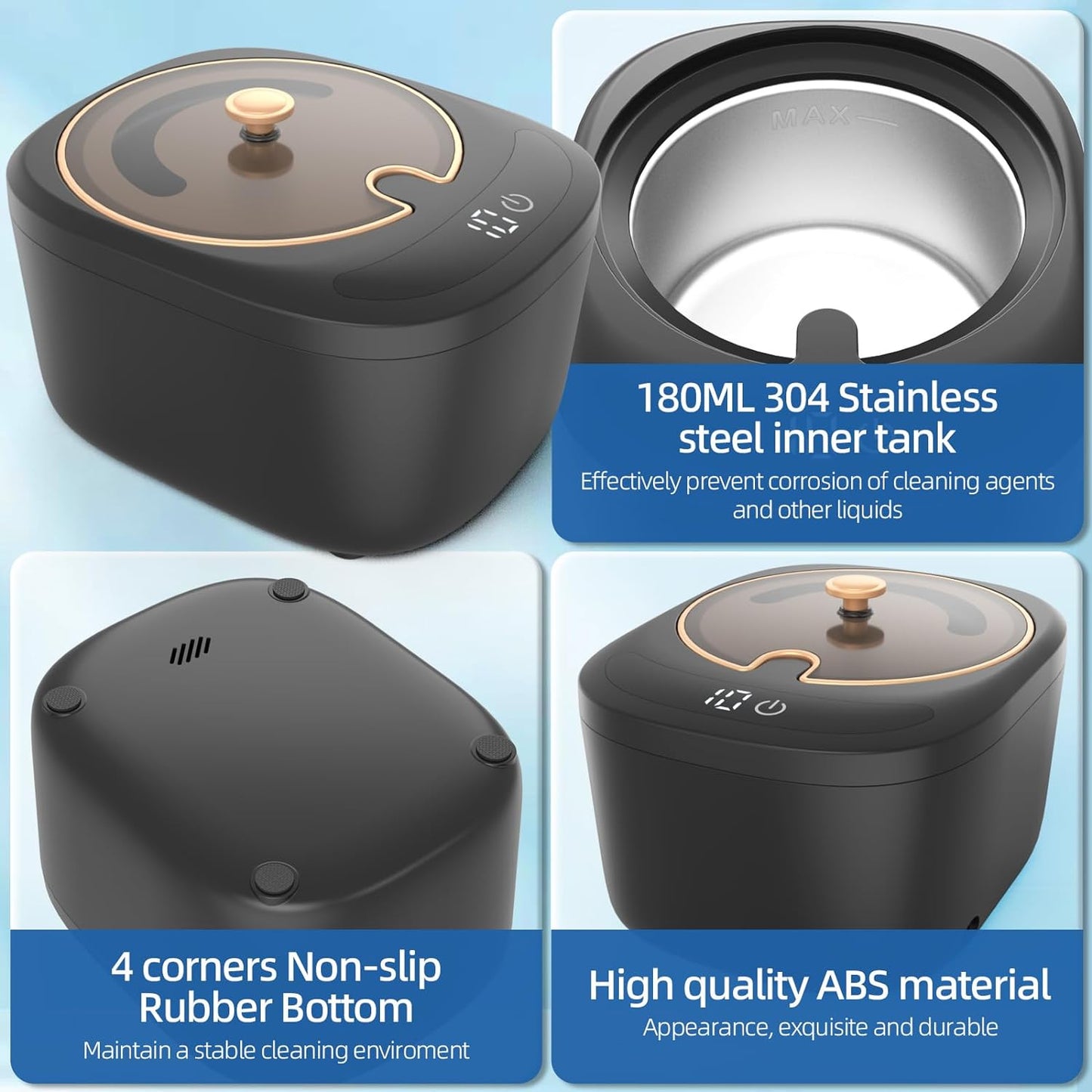 Ultrasonic Retainer Cleaner Machine - Raccomb 45kHz LED Light Ultrasonic Cleaner for Dentures, Aligner, Mouth Guard, Night Guard Cleaner, 230mL Sonic Cleaning Machine for Jewelry, Dental Appliances