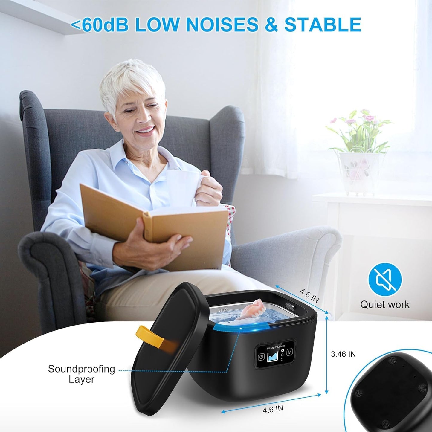 Ultrasonic Retainer Cleaner Machine - Raccomb 45kHz LED Light Ultrasonic Cleaner for Dentures, Aligner, Mouth Guard, Toothbrush Heads, 250mL Cleaners Machine for All Dental Appliances